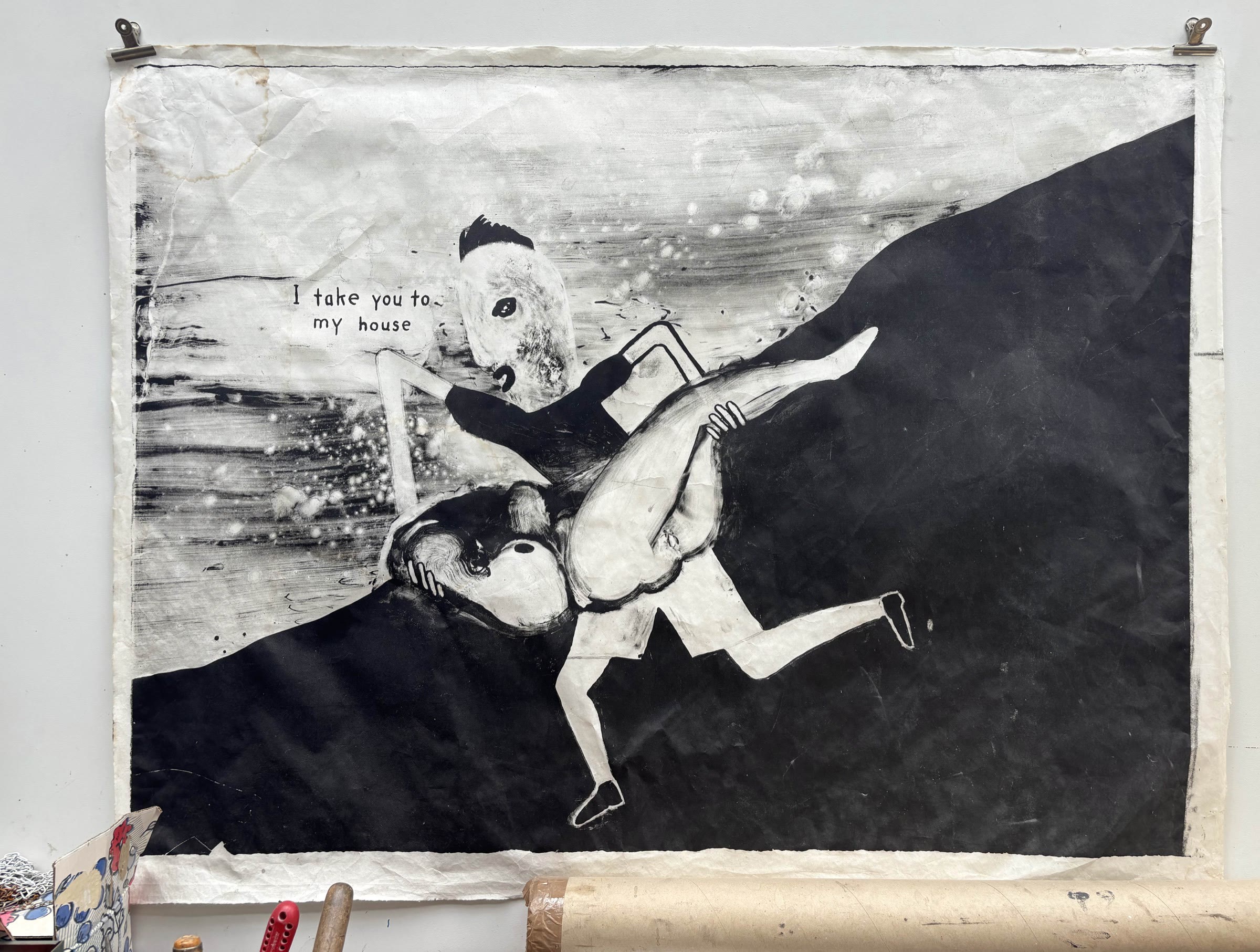 巴黎IDEM版画工作室内展出的David Lynch纸本作品，画面写有 I take you to my house